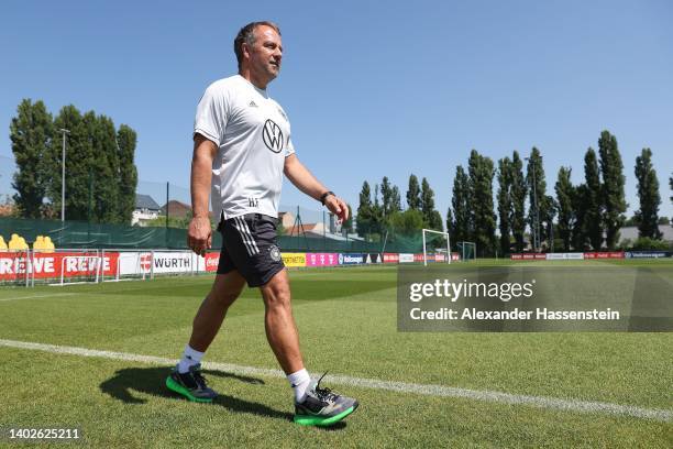 Head coach Hans-Dieter Flick, arrives for a training session of the German national soccer team at Budapesti VSC training ground on June 13, 2022 in...