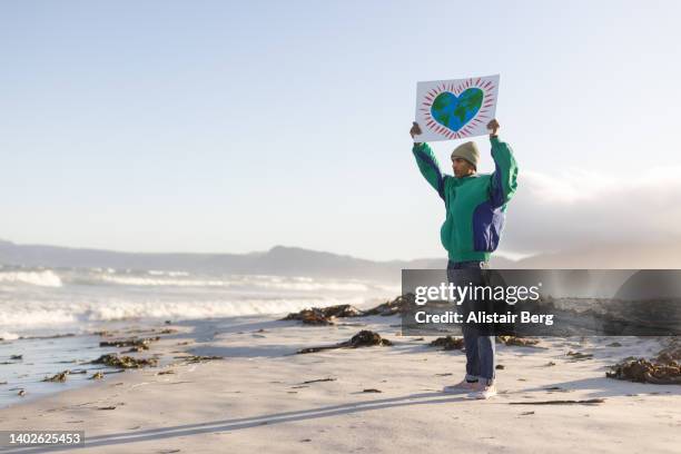 lone teenager holding up an eco awareness placard on a windswept beach - activists stock-fotos und bilder