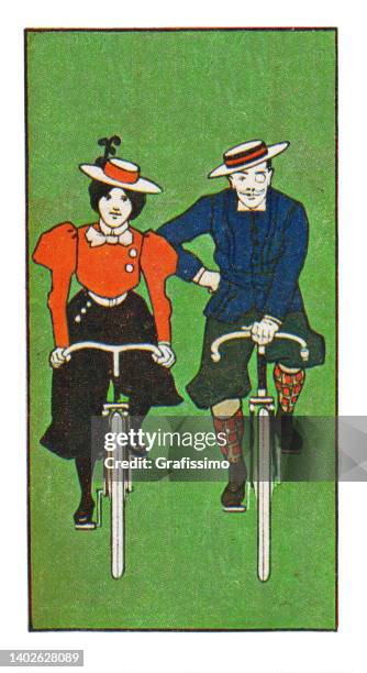 stockillustraties, clipart, cartoons en iconen met couple riding bicycle in nature art nouveau illustration 1899 - 19th century couple