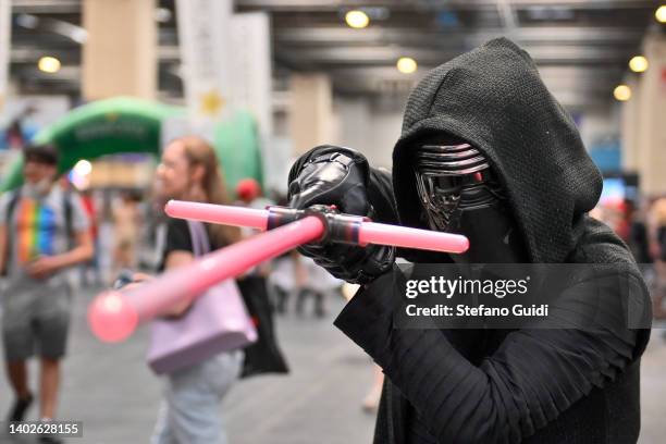 Cosplayer dressed as a Star Wars character "Kylo Ren" during of the Torino Comics 2022 on June 12, 2022 in Turin, Italy.