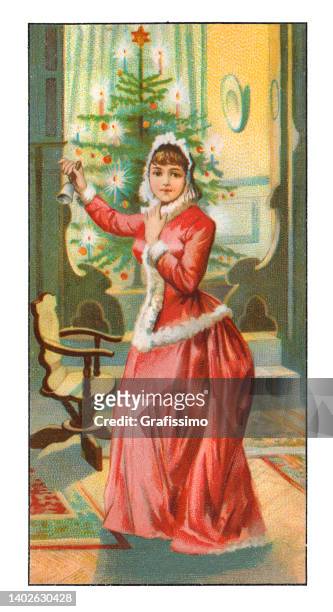 young woman ringing bell at christmas tree art nouveau illustration - archival christmas stock illustrations