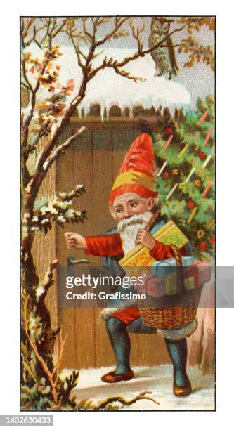 weihnachtsmann bringt geschenke bei weihnachtlicher jugendstilillustration - art nouveau elements stock-grafiken, -clipart, -cartoons und -symbole
