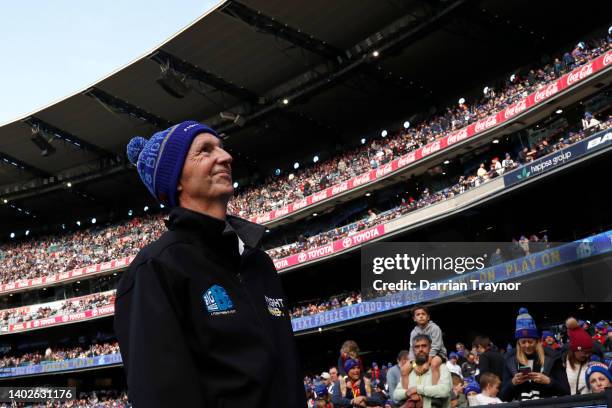 Neale Daniher looks on after celebrities took part in the slide for Big FightMND Freeze 8, during the round 13 AFL match between the Collingwood...