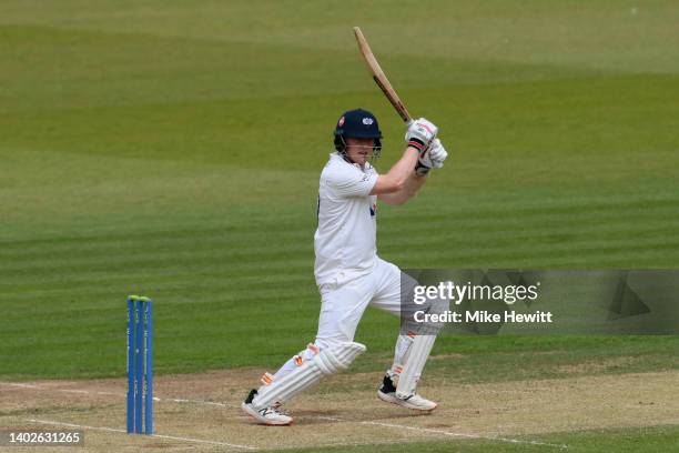 Dom Bess of Yorkshire cuts a ball from Kyle Abbott of Hampshire to the boundary during the LV= Insurance County Championship match between Hampshire...