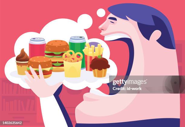 stockillustraties, clipart, cartoons en iconen met fat man eating junk food from imagination - onbeschaafdheid