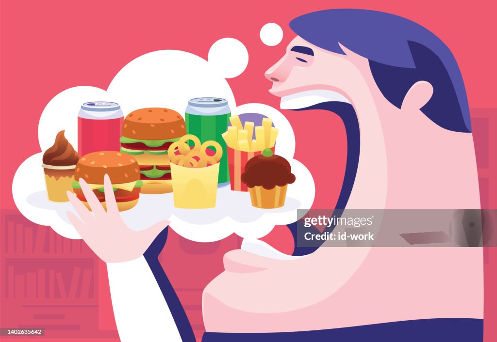 Fat Man Eating Junk Food From Imagination High-Res Vector Graphic - Getty  Images