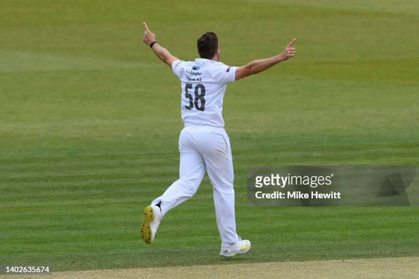 Brad Wheal of Hampshire celebrates after dismissing Jordan Thompson of Yorkshire during the LV= Insurance County Championship match between Hampshire...