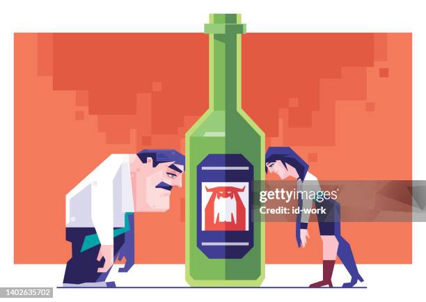 drunk couple leaning on beer bottle - drunk husband stock illustrations