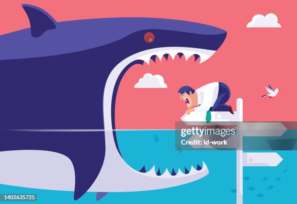 großer hai wird fressen schreiender geschäftsmann auf wegweiser - wildunfall stock-grafiken, -clipart, -cartoons und -symbole