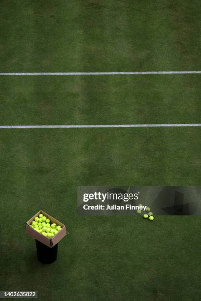General view of tennis balls on the practice courts on day one of the cinch Championships at The Queen's Club on June 13, 2022 in London, England.