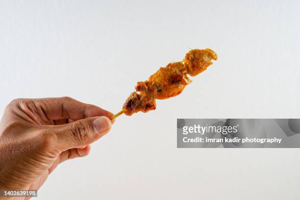 cropped hand holding stick of chicken satay - chicken satay stock-fotos und bilder