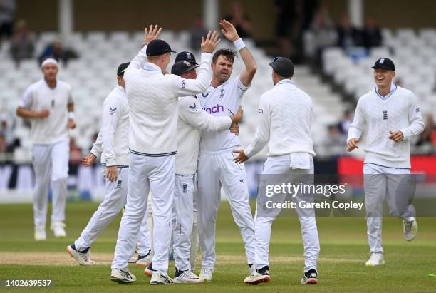 James Anderson of England celebrates dismissing New Zealand captain Tom Latham during day four of Second LV= Insurance Test Match between England and...