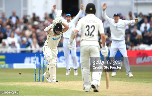 New Zealand batsman Tom Latham is bowled by James Anderson for his 650th Test wicket during day four of the Second Test match between England and New...
