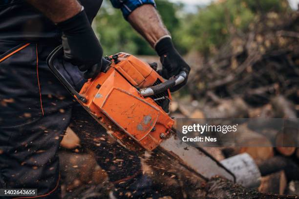 a man cuts wood with a chainsaw, prepares firewood - motorsåg bildbanksfoton och bilder