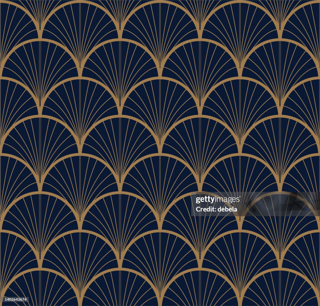 Art Deco fan pattern. Gold and navy blue ornamental background. Interior decor design.