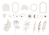 Set of minimal boho linear symbols. Celestial concept. Frame, arch, hands, florals, sun, stars and moon elements.