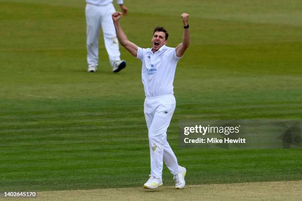 Brad Wheal of Hampshire celebrates after dismissing Matthew Revis of Yorkshire during the LV= Insurance County Championship match between Hampshire...