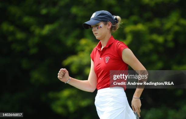 Rachel Heck of Team USA in action during the Day Three singles matches of The Curtis Cup at Merion Golf Club on June 12, 2022 in Ardmore,...