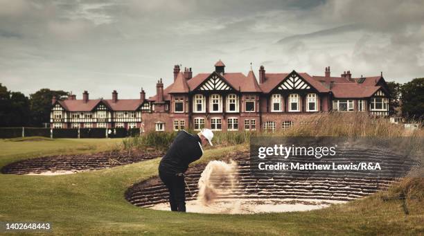 Mats Ege of Norway plays out of the bunker on the 18th hole during day one of the R&A Amateur Championship at Royal Lytham & St. Annes on June 13,...