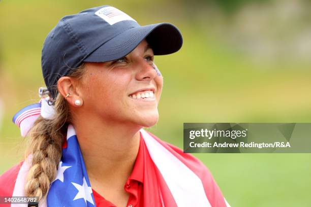 Jensen Castle of Team USA looks on during the Day Three singles matches of The Curtis Cup at Merion Golf Club on June 12, 2022 in Ardmore,...