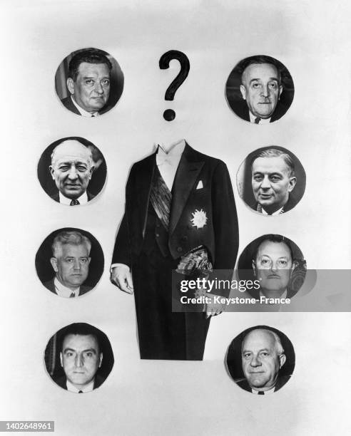 Huit des candidats à la présidence de la république en 1953. De haut en bas et de gauche à droite : Joseph Laniel, Henri Queuille, Yvon Delbos,...