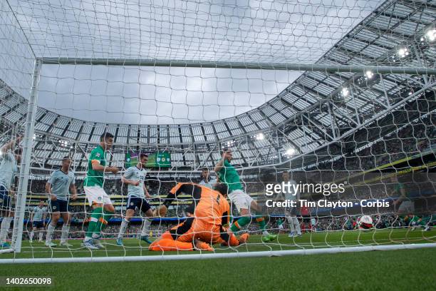 June 11: Alan Browne of Republic of Ireland forces the ball past Craig Gordon of Scotland for his sides first goal during the Republic of Ireland V...