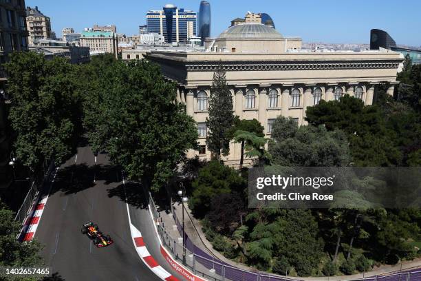 Sergio Perez of Mexico driving the Oracle Red Bull Racing RB18 on track during the F1 Grand Prix of Azerbaijan at Baku City Circuit on June 12, 2022...
