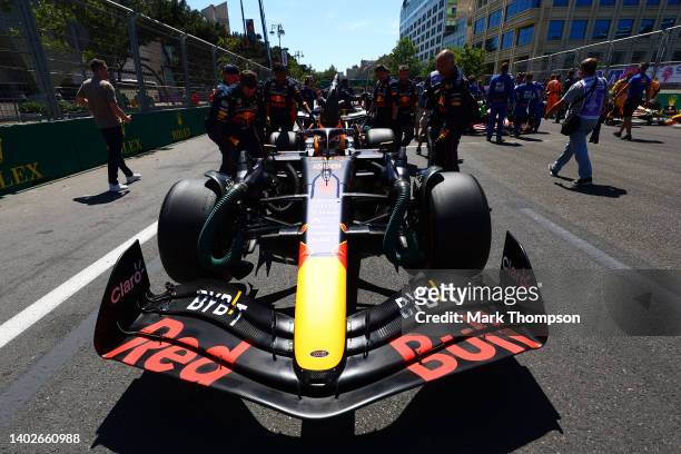 Max Verstappen of the Netherlands and Oracle Red Bull Racing prepares to drive on the grid during the F1 Grand Prix of Azerbaijan at Baku City...