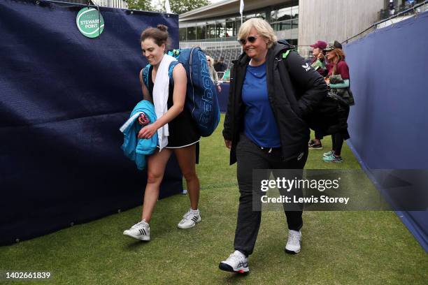 Maia Lumsden of Great Britain smiles as they leave the court following victory in the ITF Match between Maia Lumsden of Great Britain and Urszula...