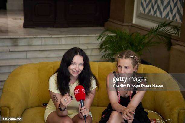 Olga Borisova and Maria Aliojina, of the Russian feminist punk-rock collective, Pussy Riot, during an interview for Europa Press, at the Hotel Vincci...