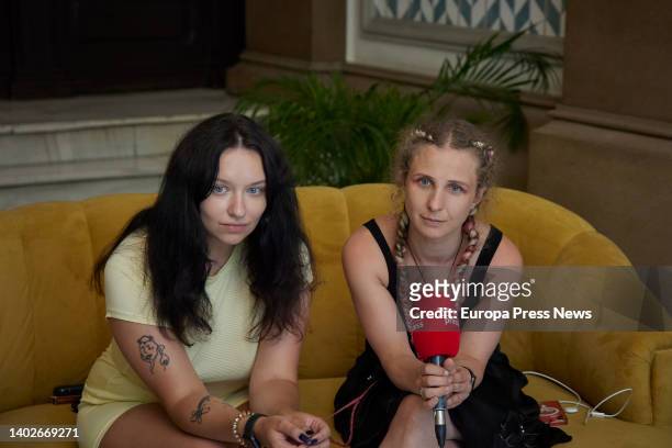 Olga Borisova and Maria Aliojina, of the Russian feminist punk-rock collective, Pussy Riot, during an interview for Europa Press, at the Hotel Vincci...