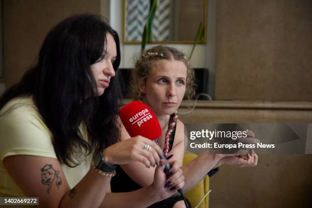 Olga Borisova and Maria Aliojina, of the Russian feminist punk-rock collective, Pussy Riot, during an interview for Europa Press, at the Hotel Vincci...