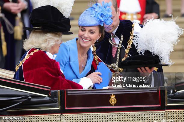 Camilla, Duchess of Cornwall, Catherine, Duchess of Cambridge and Prince William, Duke of Cambridge attend the Order Of The Garter Service at St...