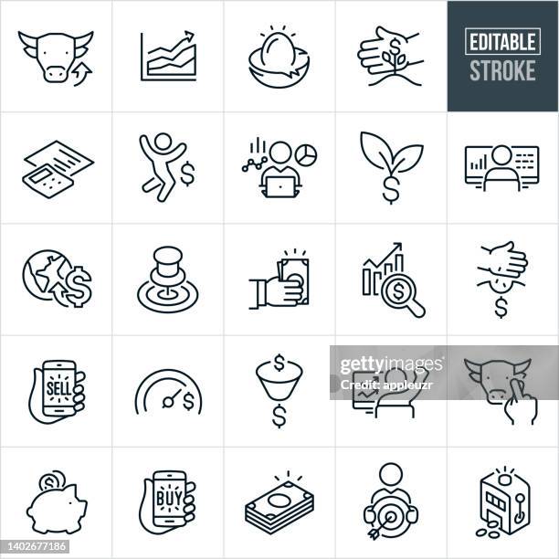 stock market highs thin line icons - bearbeitbarer strich - one person stock illustrations stock-grafiken, -clipart, -cartoons und -symbole