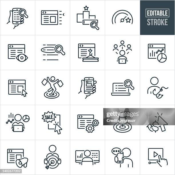 seo thin line icons - bearbeitbarer strich - search engine optimisation stock-grafiken, -clipart, -cartoons und -symbole