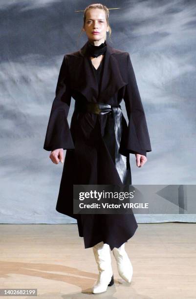 Veruschka walks the runway during the Boudicca Ready to Wear Fall/Winter 2001-2002 fashion show as part of the London Fashion Week on February 20,...