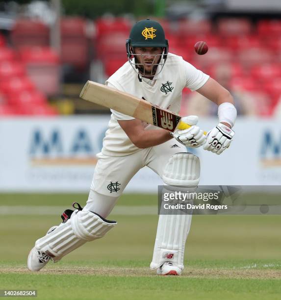 Joe Clarke of Nottinghamshire plays the ball during the LV= Insurance County Championship match between Leicestershire and Nottinghamshire at...
