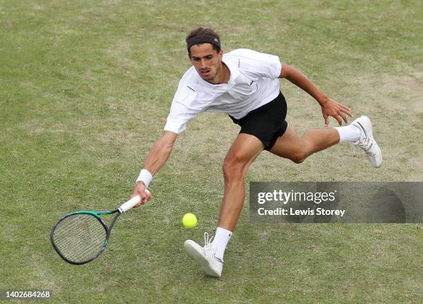 Pierre-Hughes Herbert of France plays a forehand shot during the ATP match between Pierre-Hughes Herbert of France and Henri Laaksonen of of...