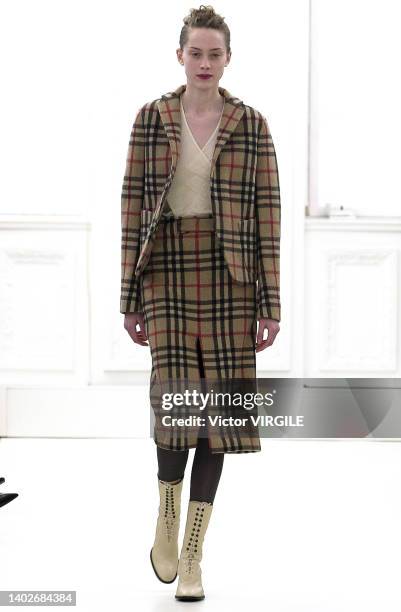 Model walks the runway during the Burberry Ready to Wear Fall/Winter 2001-2002 fashion show as part of the London Fashion Week on February 18, 2001...