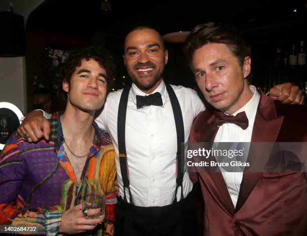 Darren Criss, Jesse Williams and Zach Braff pose at the House of Suntory Hosts the 2022 Tony Awards After, After Party at Pebble Bar on June 12, 2022...