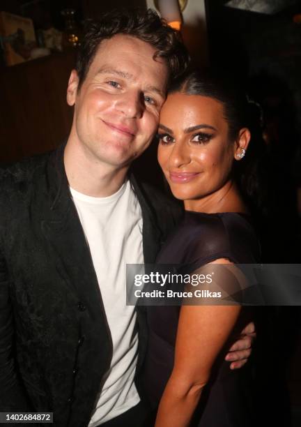 Jonathan Groff and Lea Michele pose at the House of Suntory Hosts the 2022 Tony Awards After, After Party at Pebble Bar on June 12, 2022 in New York...