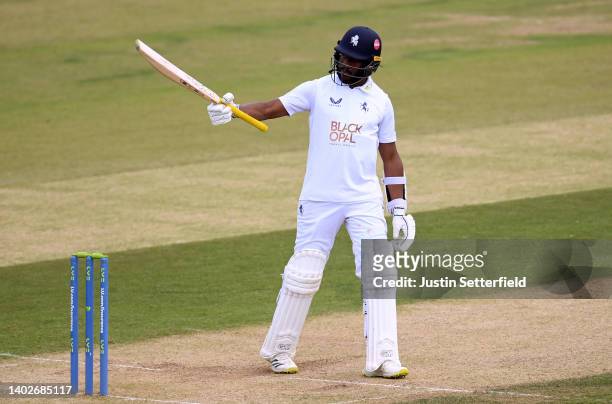 Daniel Bell-Drummond of Kent celebrates his 50 during the LV= Insurance County Championship match between Kent and Gloucestershire at The Spitfire...