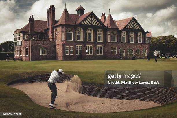 Aryan Roopa Anand of India plays his fourth shot from a bunker on the 18th hole during day one of the R&A Amateur Championship at Royal Lytham & St....