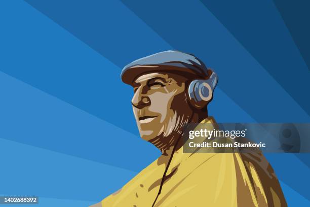 ilustrações de stock, clip art, desenhos animados e ícones de smiling senior man with headphones by the sea - active seniors