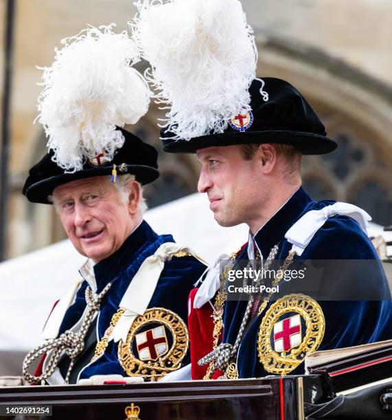 Prince Charles, Prince of Wales and Prince William, Duke of Cambridge attend the Order Of The Garter Service at St George's Chapel on June 13, 2022...