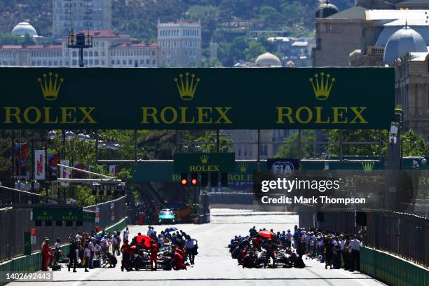 General view of the grid preparations during the F1 Grand Prix of Azerbaijan at Baku City Circuit on June 12, 2022 in Baku, Azerbaijan.