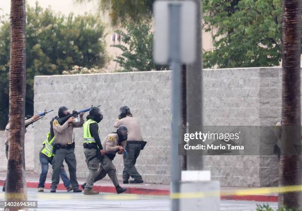 Los Angeles County Sheriff’s deputies take part in an active shooter response training drill at Lakewood Center Mall on June 13, 2022 in Lakewood,...