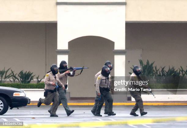 Los Angeles County Sheriff’s deputies take part in an active shooter response training drill at Lakewood Center Mall on June 13, 2022 in Lakewood,...