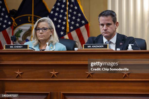 Rep. Liz Cheney , Vice Chairwoman of the Select Committee to Investigate the January 6th Attack on the U.S. Capitol, and Rep. Adam Kinzinger listen...