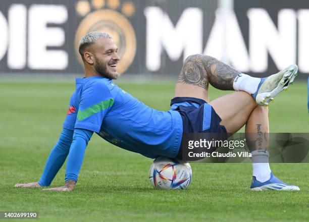 Federico Dimarco of Italy in action during an Italy training session at Borussia Park Stadium on June 13, 2022 in Moenchengladbach, Germany.